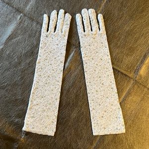 white lace elbow length embellished gloves